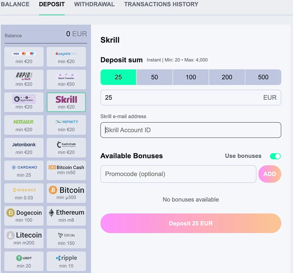 Deposits and withdrawals on mobile